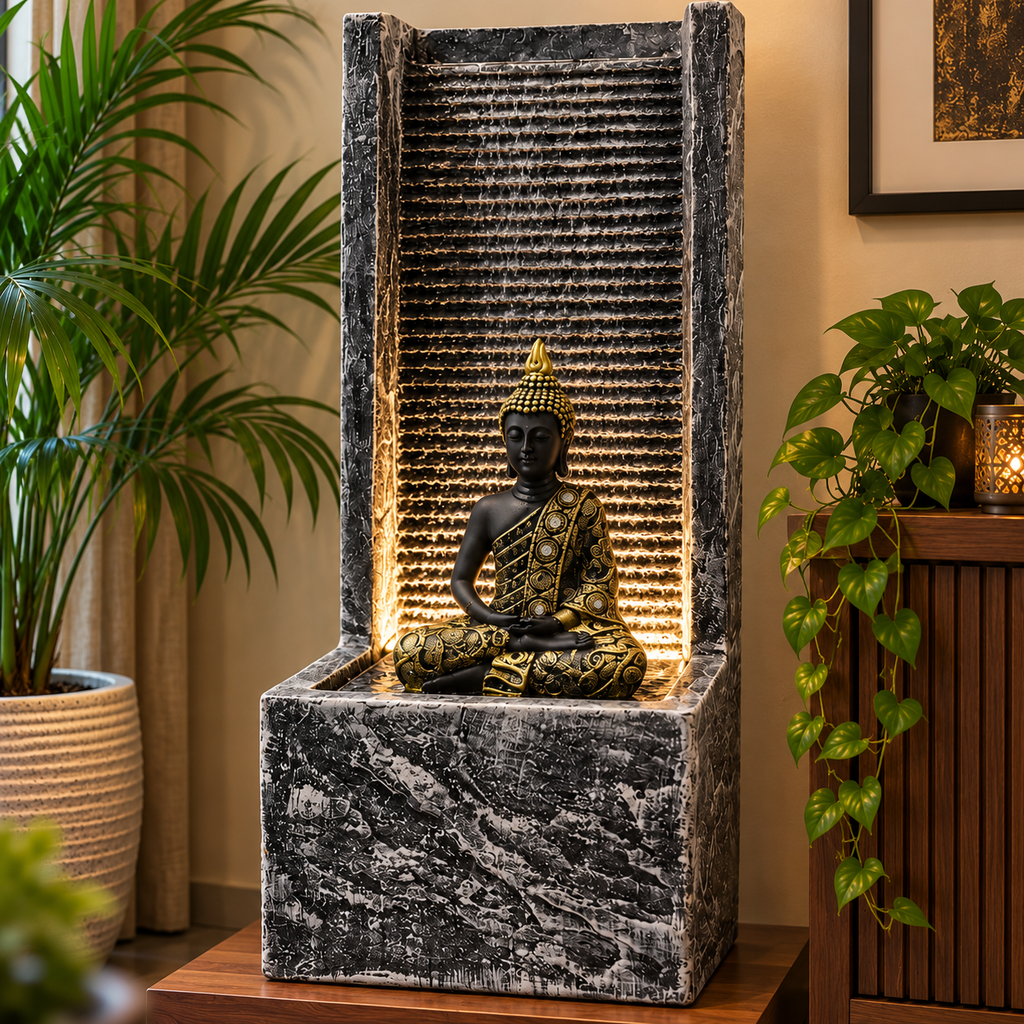 2 feet Buddha Waterfall Fountain for Home – LED Indoor Water Fountain with Buddha Idol | Plug & Play