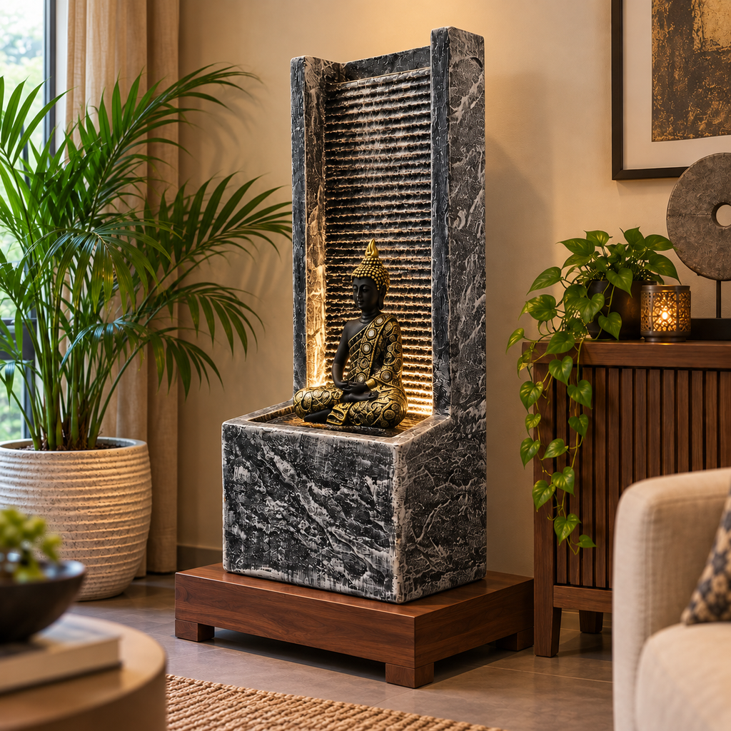 2 feet Buddha Waterfall Fountain for Home – LED Indoor Water Fountain with Buddha Idol | Plug & Play