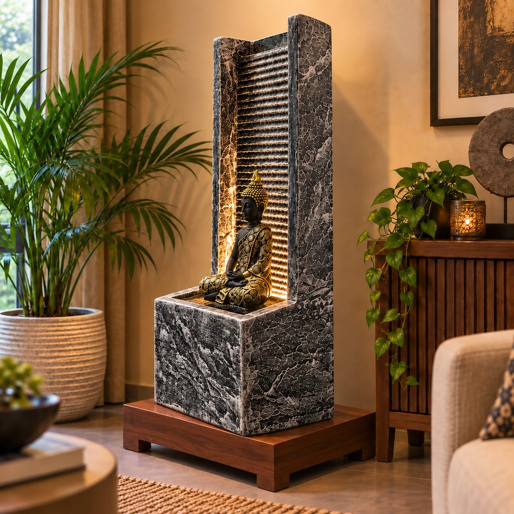 2 feet Buddha Waterfall Fountain for Home – LED Indoor Water Fountain with Buddha Idol | Plug & Play