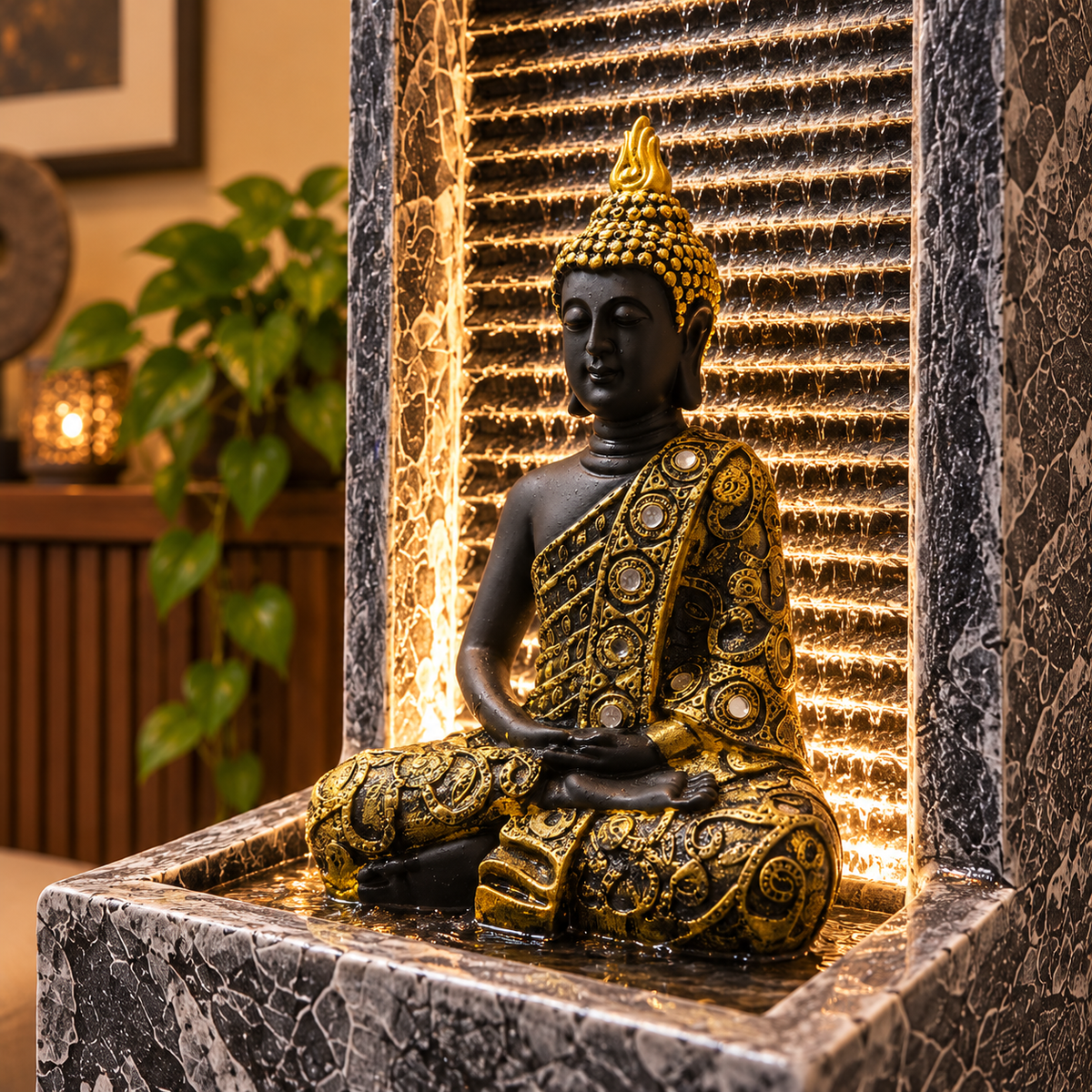 2 feet Buddha Waterfall Fountain for Home – LED Indoor Water Fountain with Buddha Idol | Plug & Play