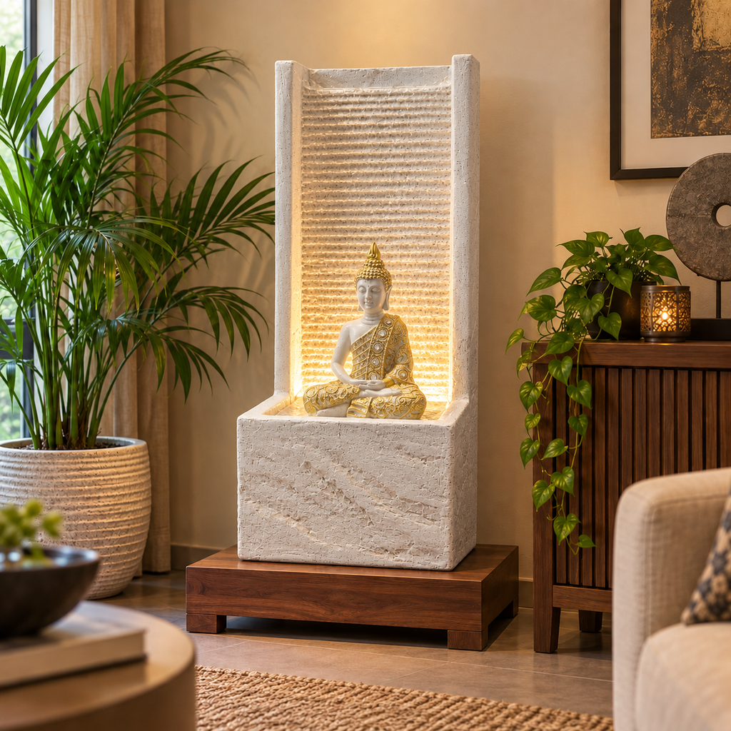 2 feet Buddha Waterfall Fountain for Home – LED Indoor Water Fountain with Buddha Idol | Plug & Play