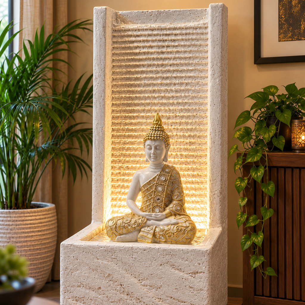 2 feet Buddha Waterfall Fountain for Home – LED Indoor Water Fountain with Buddha Idol | Plug & Play