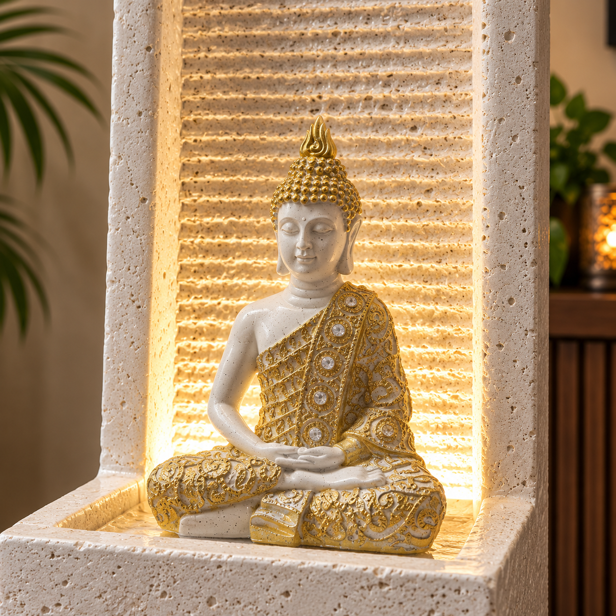 2 feet Buddha Waterfall Fountain for Home – LED Indoor Water Fountain with Buddha Idol | Plug & Play