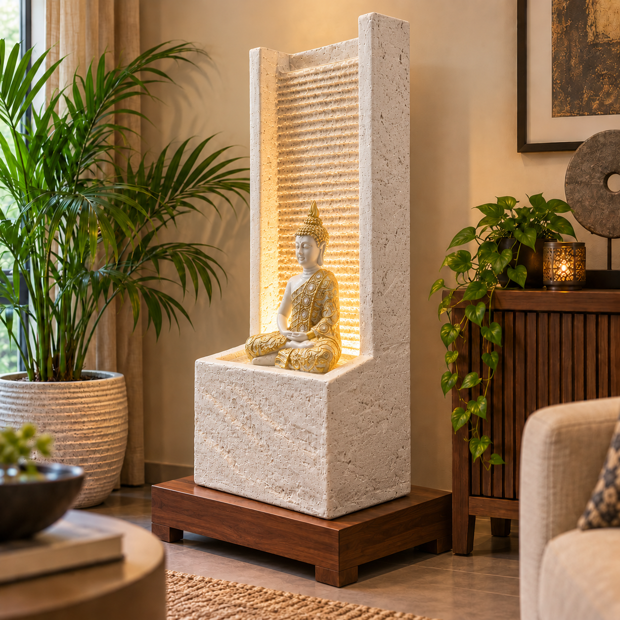 2 feet Buddha Waterfall Fountain for Home – LED Indoor Water Fountain with Buddha Idol | Plug & Play