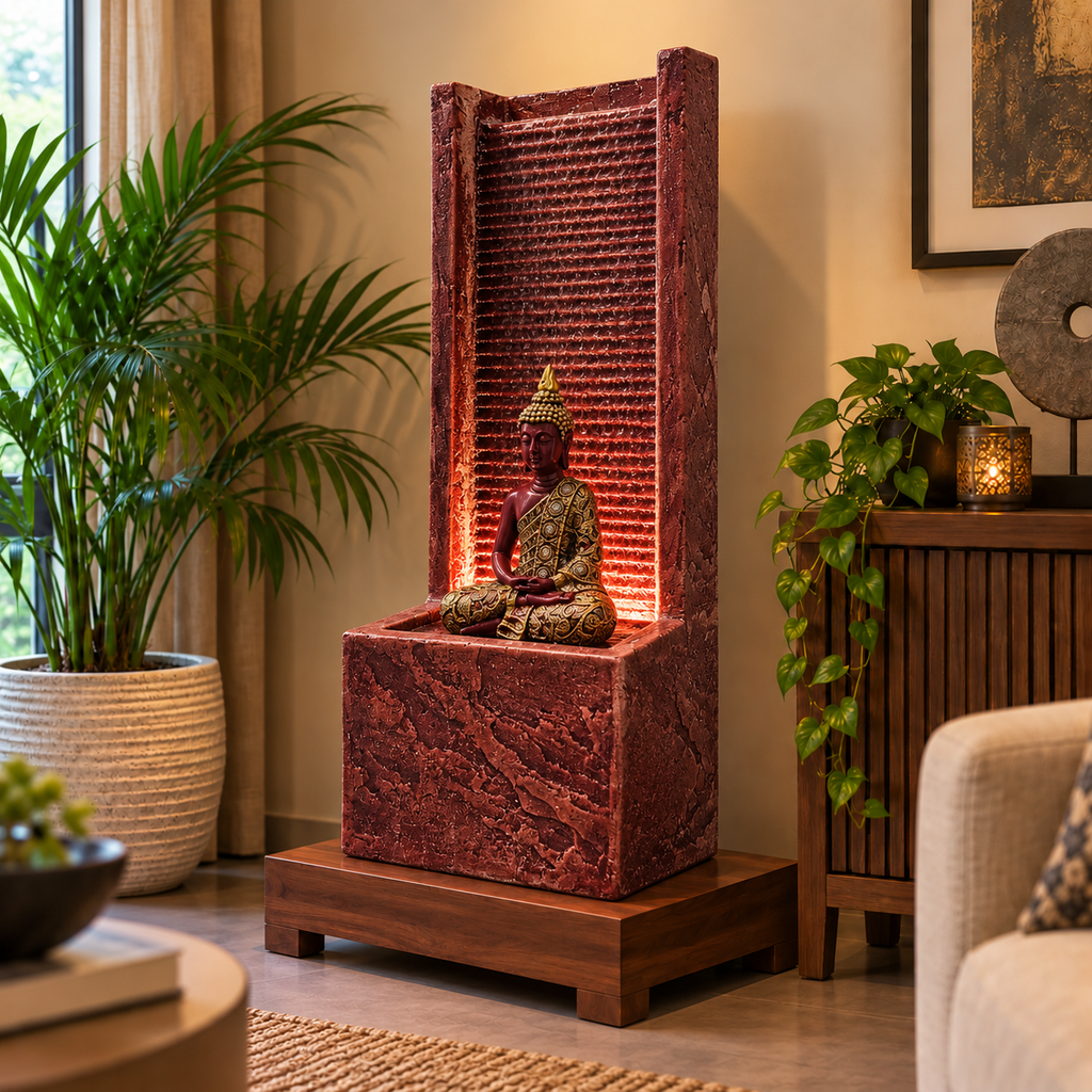 2 feet Buddha Waterfall Fountain for Home – LED Indoor Water Fountain with Buddha Idol | Plug & Play