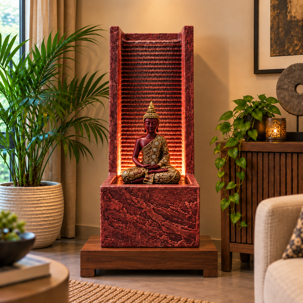 2 feet Buddha Waterfall Fountain for Home – LED Indoor Water Fountain with Buddha Idol | Plug & Play