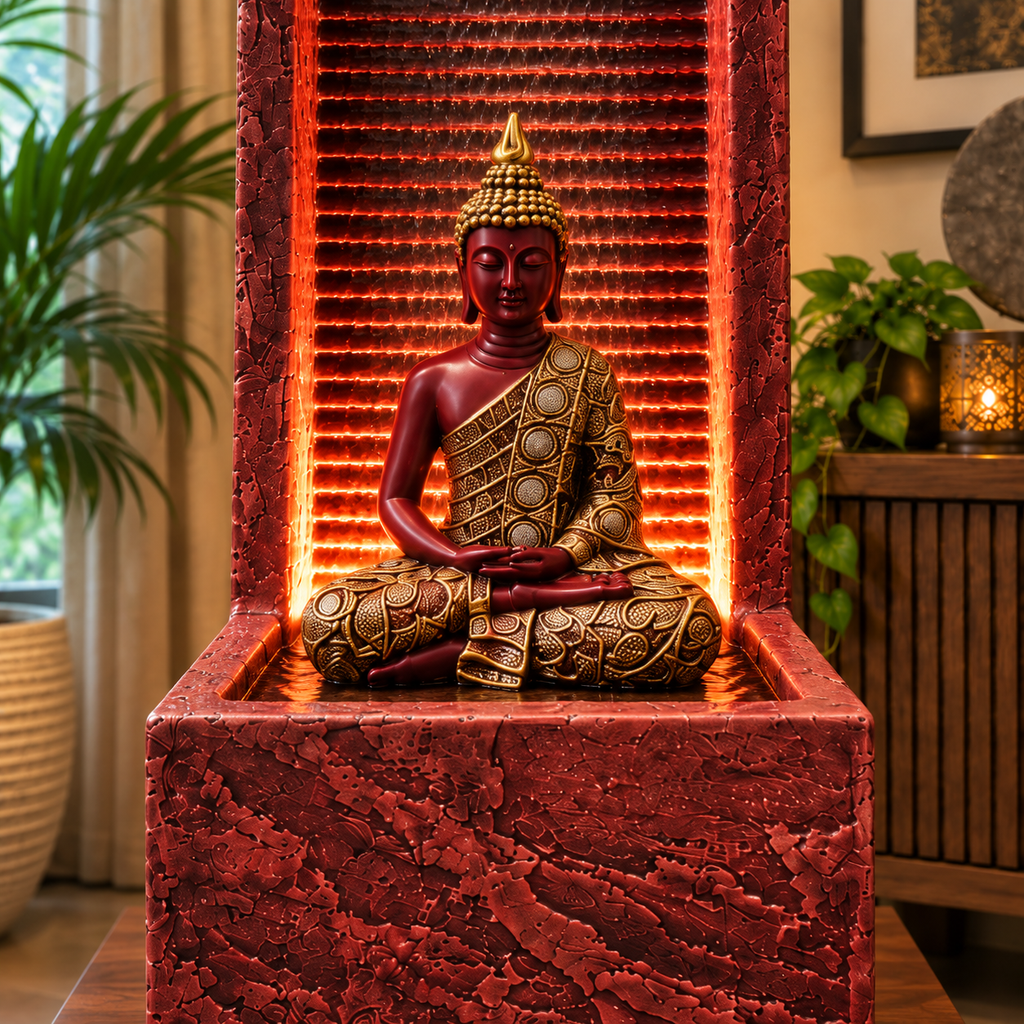 2 feet Buddha Waterfall Fountain for Home – LED Indoor Water Fountain with Buddha Idol | Plug & Play