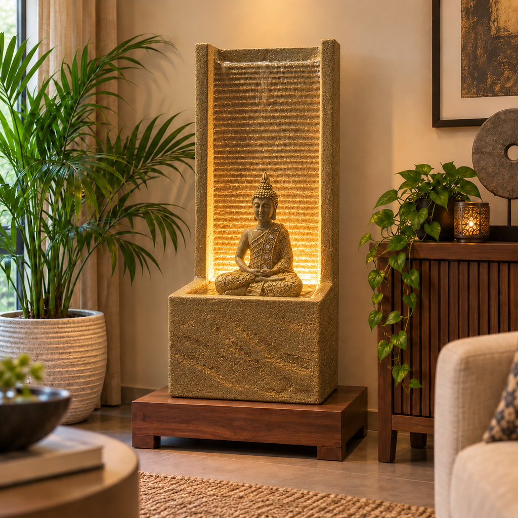 2 feet Buddha Waterfall Fountain for Home – LED Indoor Water Fountain with Buddha Idol | Plug & Play