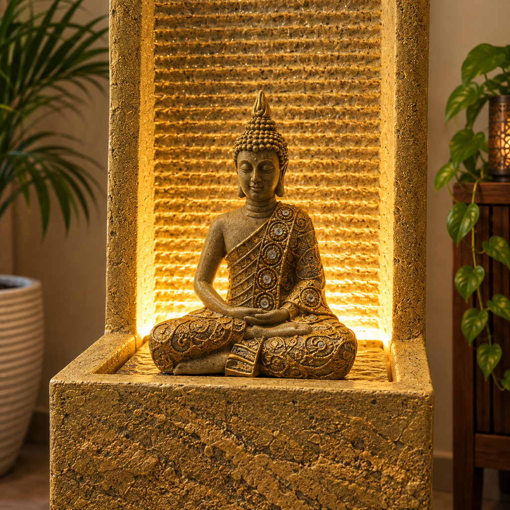 2 feet Buddha Waterfall Fountain for Home – LED Indoor Water Fountain with Buddha Idol | Plug & Play