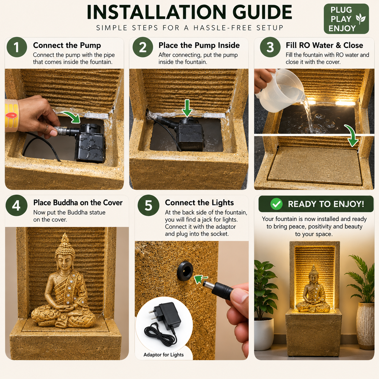 2 feet Buddha Waterfall Fountain for Home – LED Indoor Water Fountain with Buddha Idol | Plug & Play