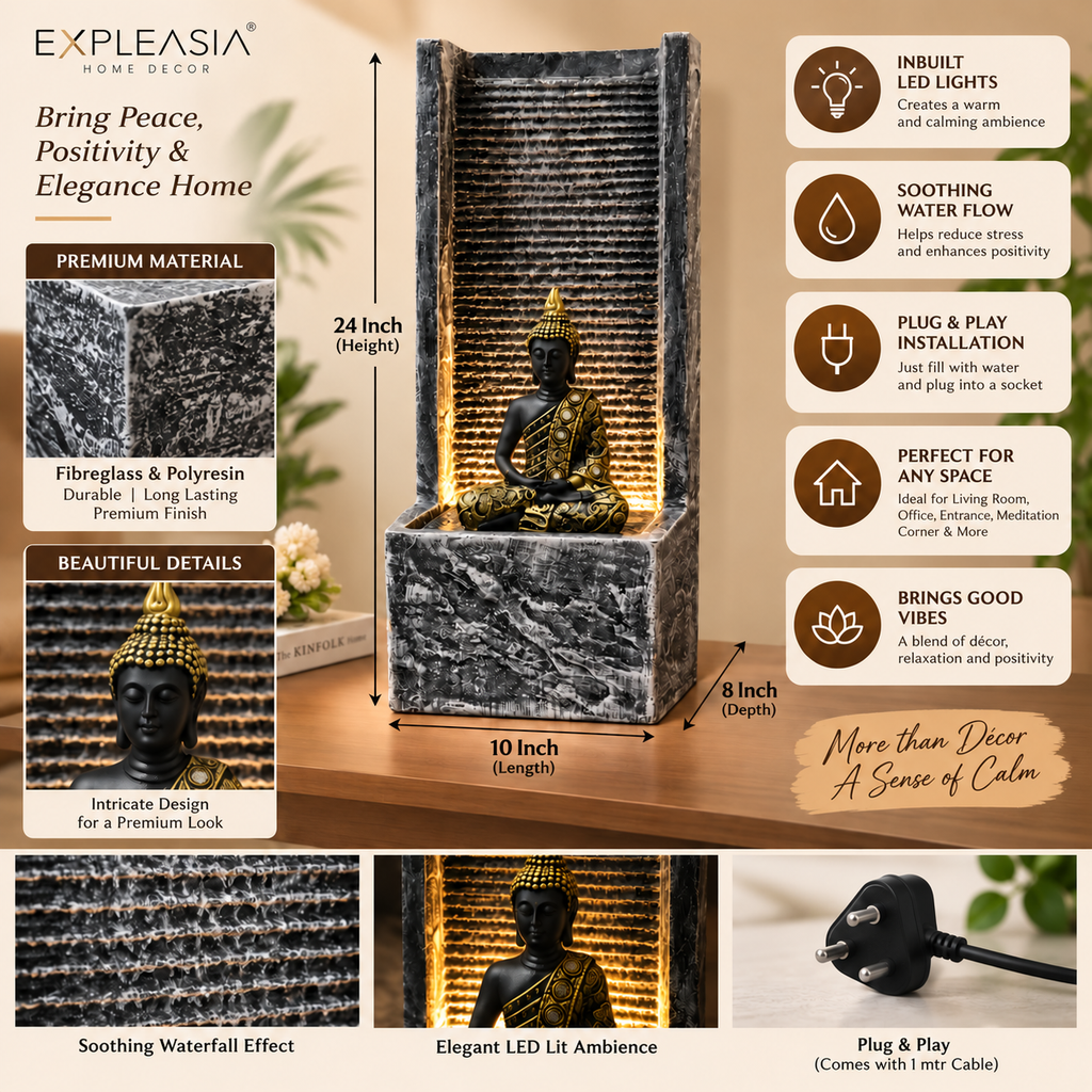 2 feet Buddha Waterfall Fountain for Home – LED Indoor Water Fountain with Buddha Idol | Plug & Play