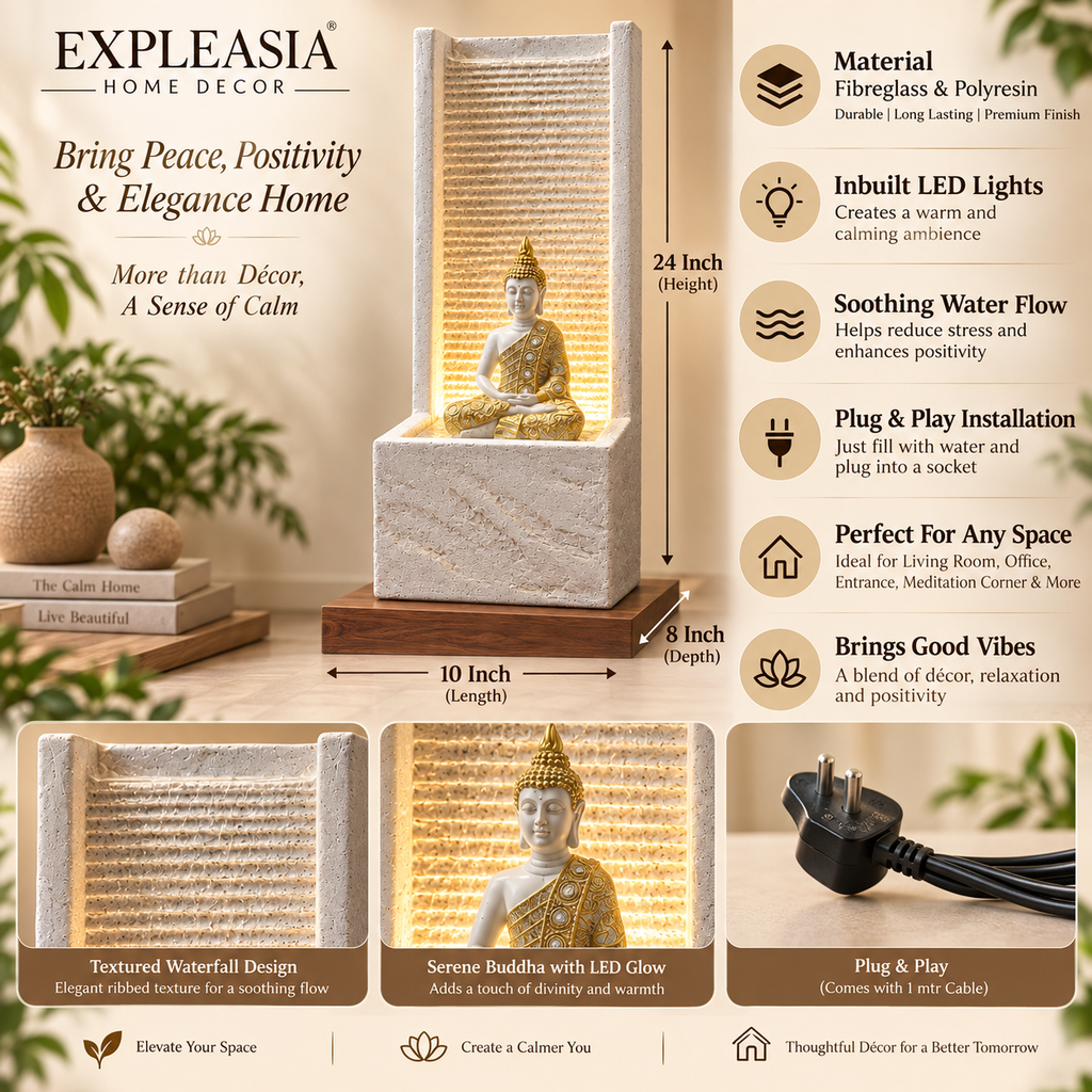 2 feet Buddha Waterfall Fountain for Home – LED Indoor Water Fountain with Buddha Idol | Plug & Play