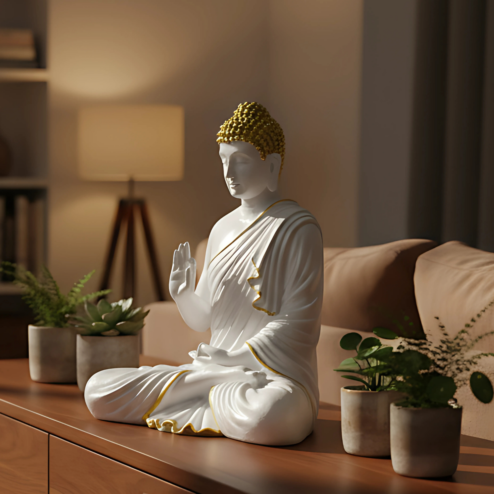 Buddha Showpiece, Statue for Home Decor, Buddha showpiece | Buddha | Buddha for Home Decor | Interior Design | Showpiece for Home, Office, Hotel ( White & Gold)