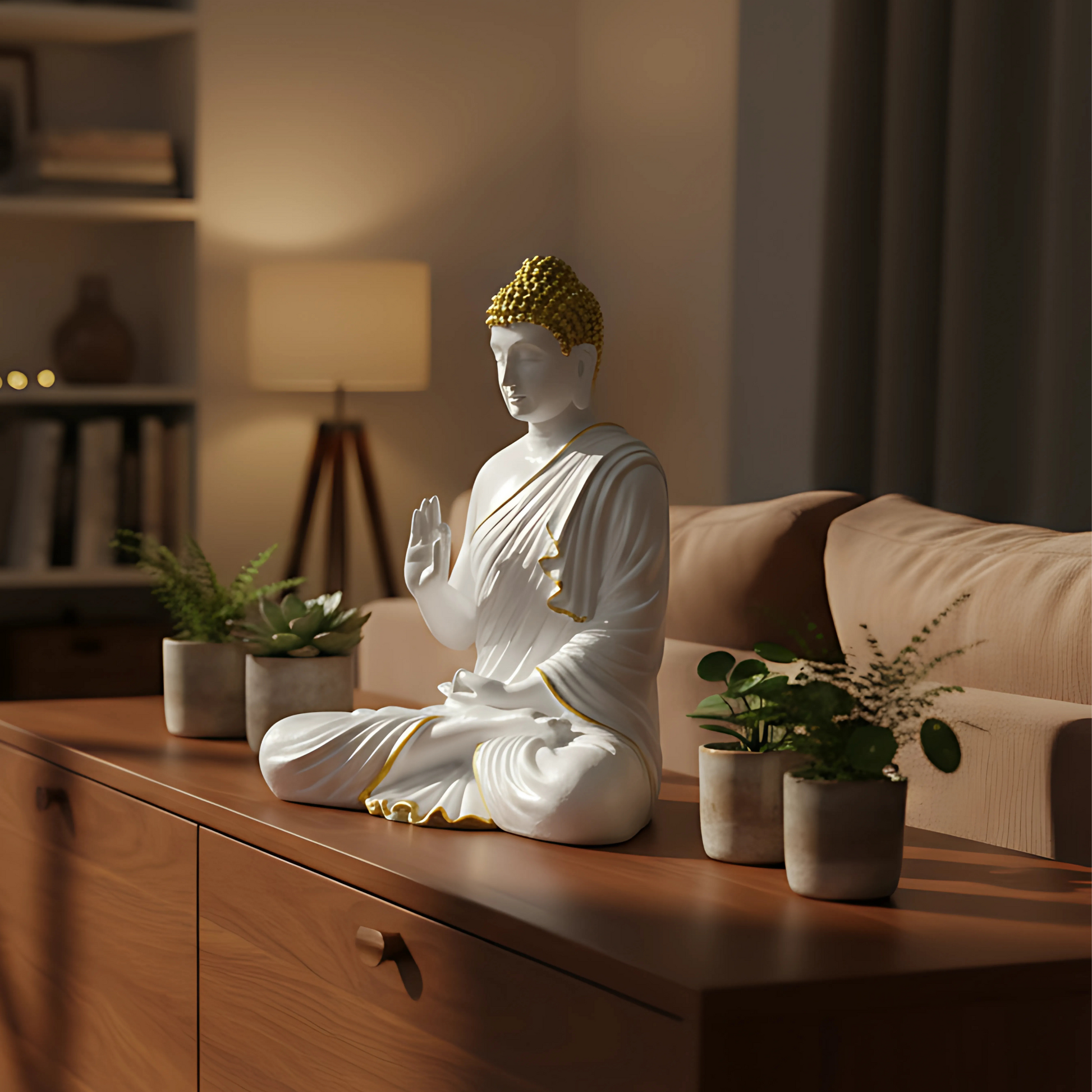 Buddha Showpiece, Statue for Home Decor, Buddha showpiece | Buddha | Buddha for Home Decor | Interior Design | Showpiece for Home, Office, Hotel ( White & Gold)