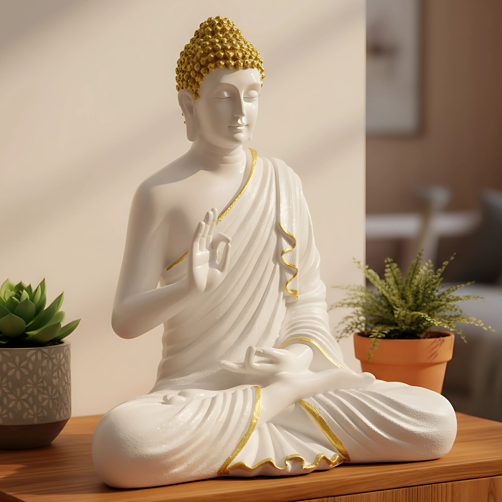 Buddha Showpiece, Statue for Home Decor, Buddha showpiece | Buddha | Buddha for Home Decor | Interior Design | Showpiece for Home, Office, Hotel ( White & Gold)