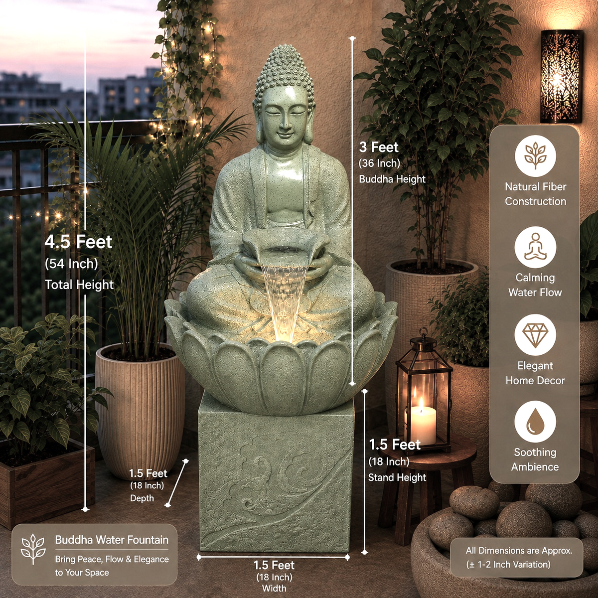 4.5 ft Buddha Lotus Water Fountain with 1.5ft Stand – 4.5ft Floor Standing Fountain for Home, Living Room & Garden