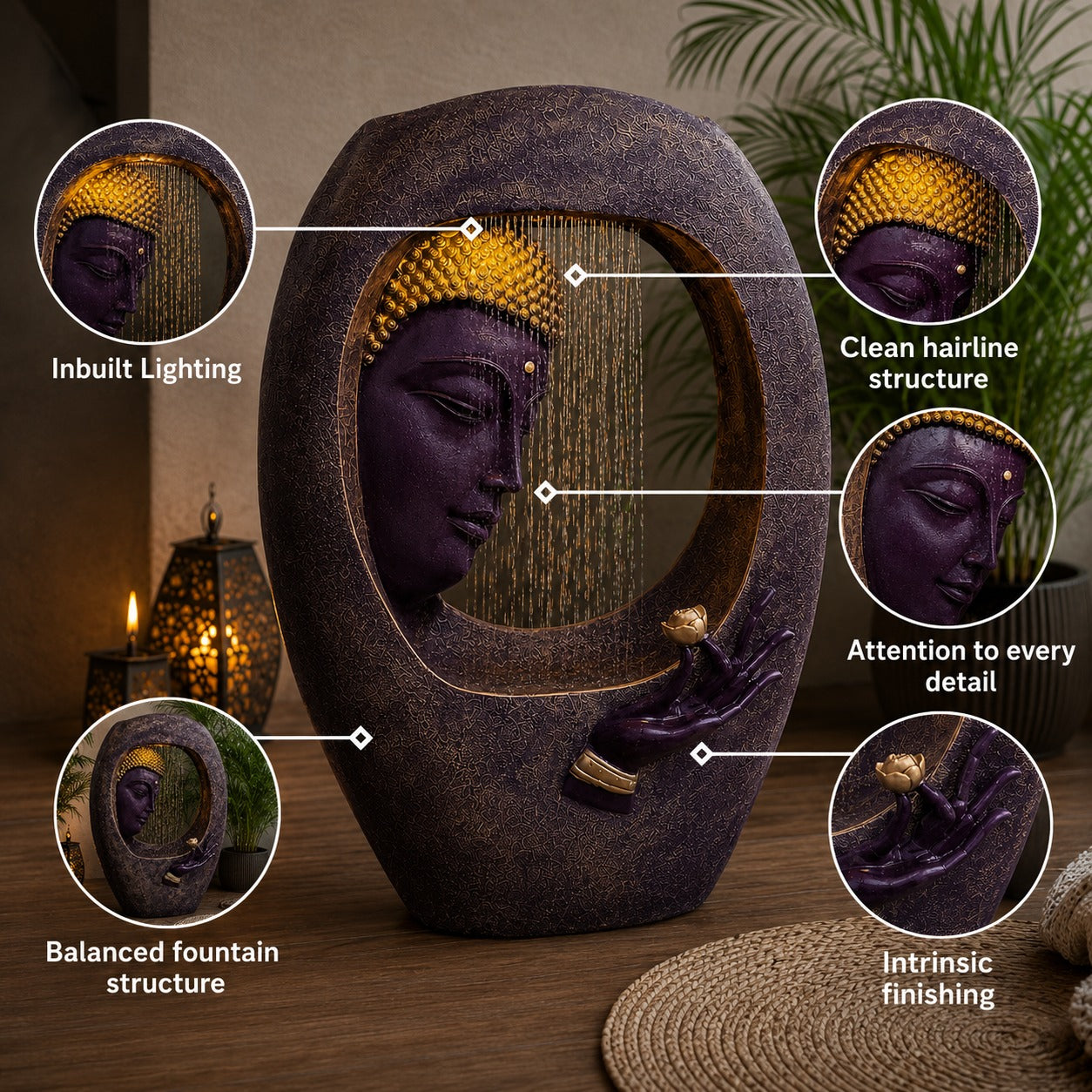 Buddha Face Shower Water Fountain – Gold Wine (3ft)