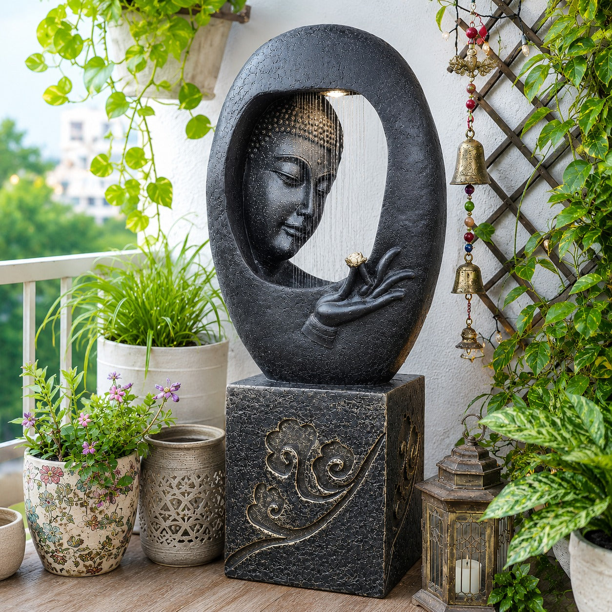 Buddha Face Shower Water Fountain with Stand - Black 4ft Elegant Garden Decor