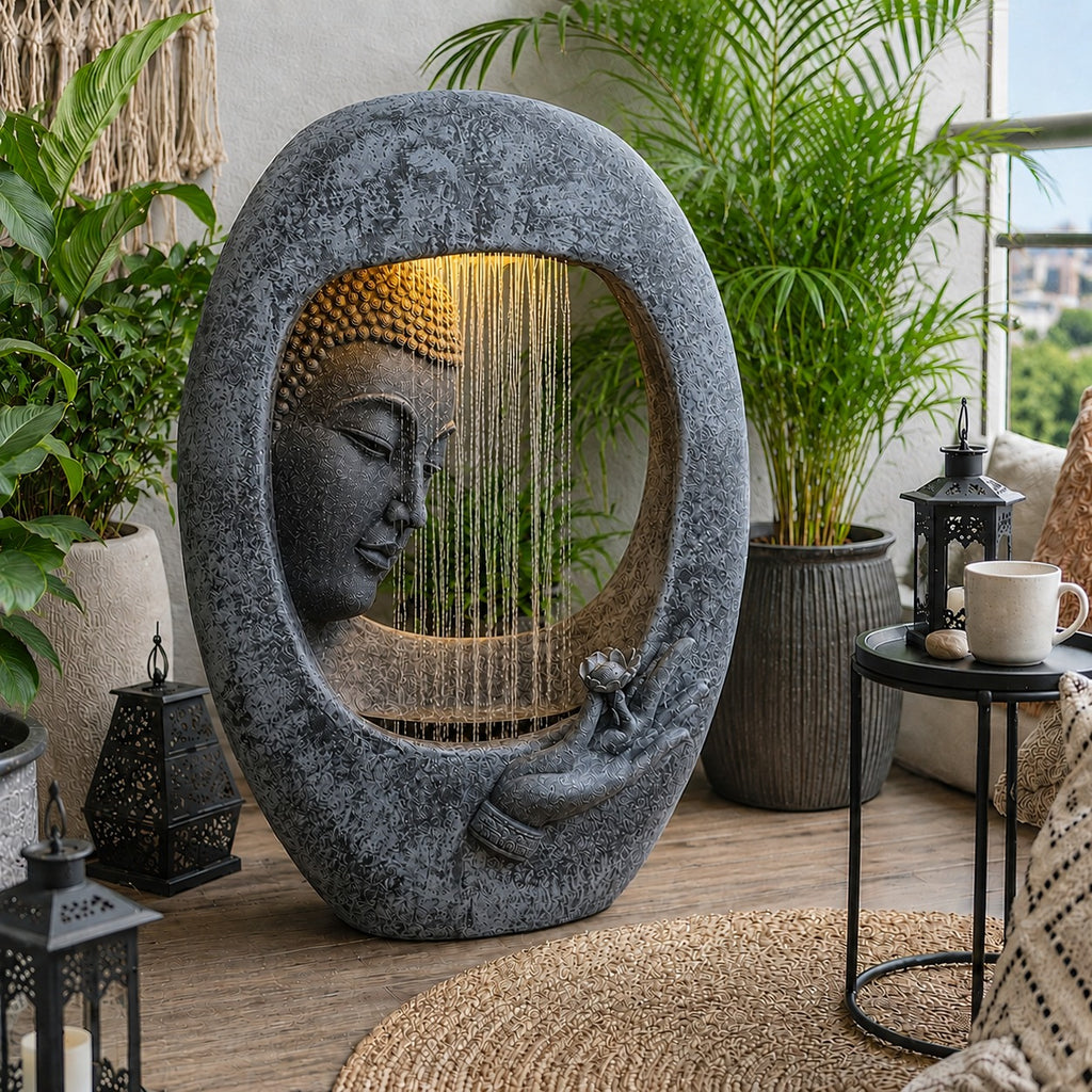 Buddha Face Shower Water Fountain – 3ft Dark Grey Shower Water Feature for Tranquil Spaces