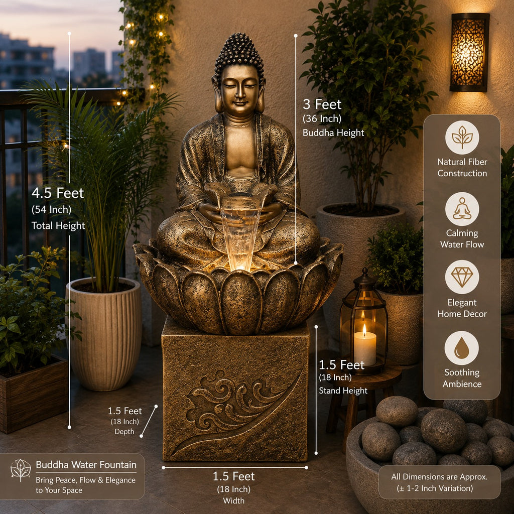 4.5 ft Buddha Lotus Water Fountain with 1.5ft Stand – 4.5ft Floor Standing Fountain for Home, Living Room & Garden