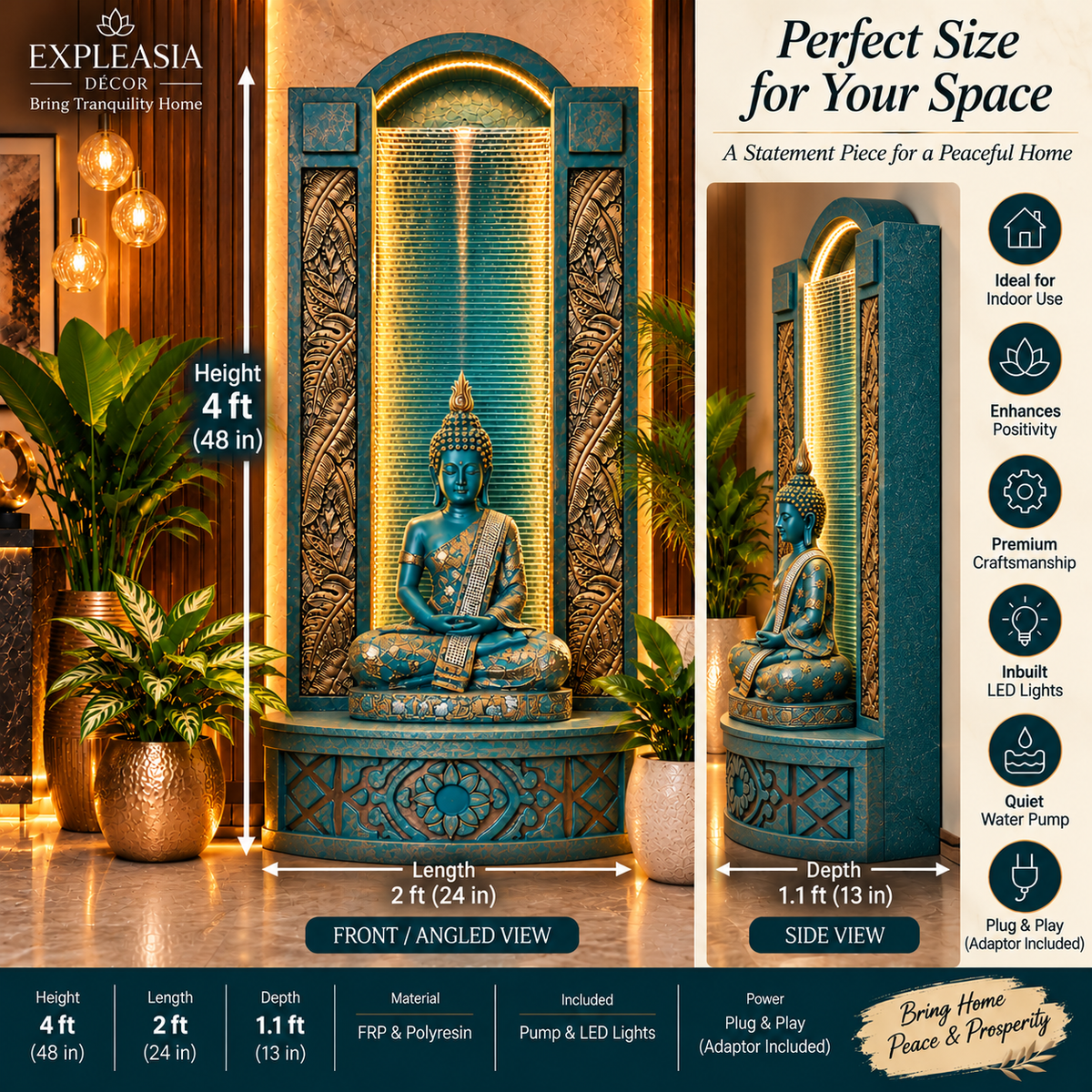 Slate Buddha Water Fountain - 4ft Aqua Gold for Home and Garden Enhancements