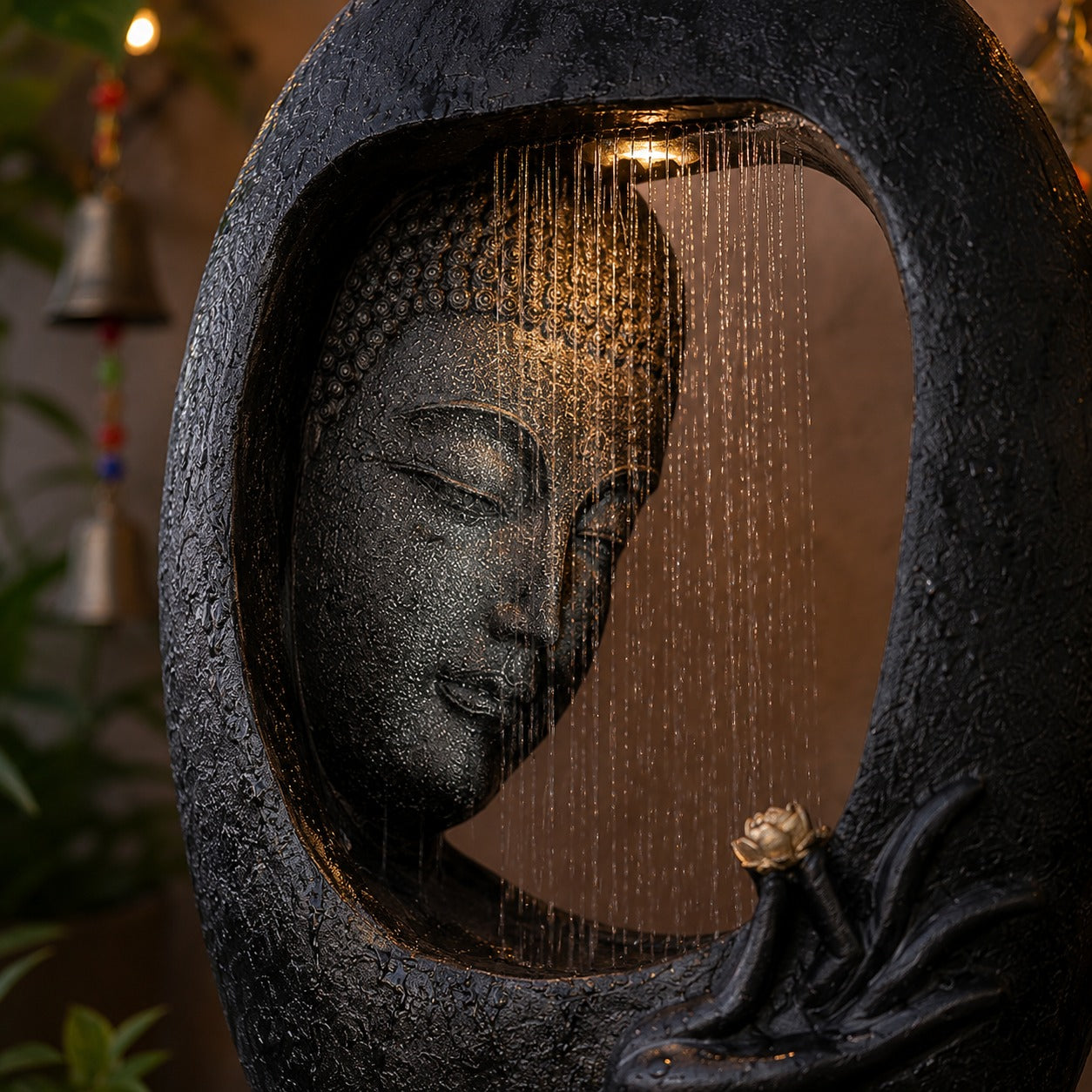 Buddha Face Shower Water Fountain with Stand - Black 4ft Elegant Garden Decor