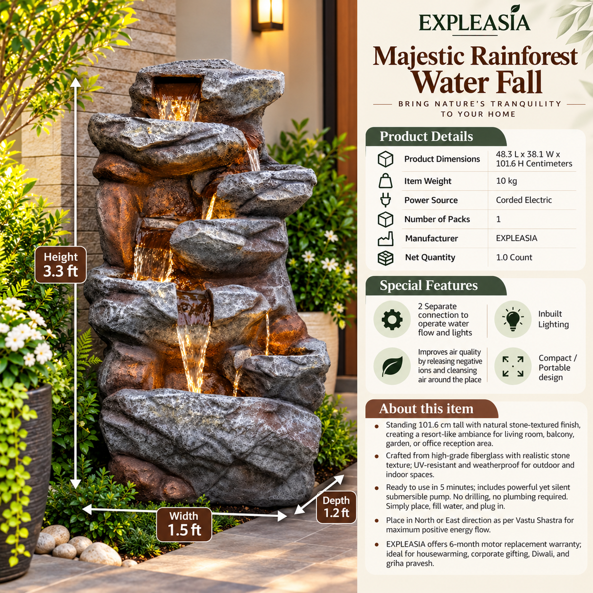 Rainforest Waterfall Fountain - Large Size for Home, Garden & Vastu Harmony