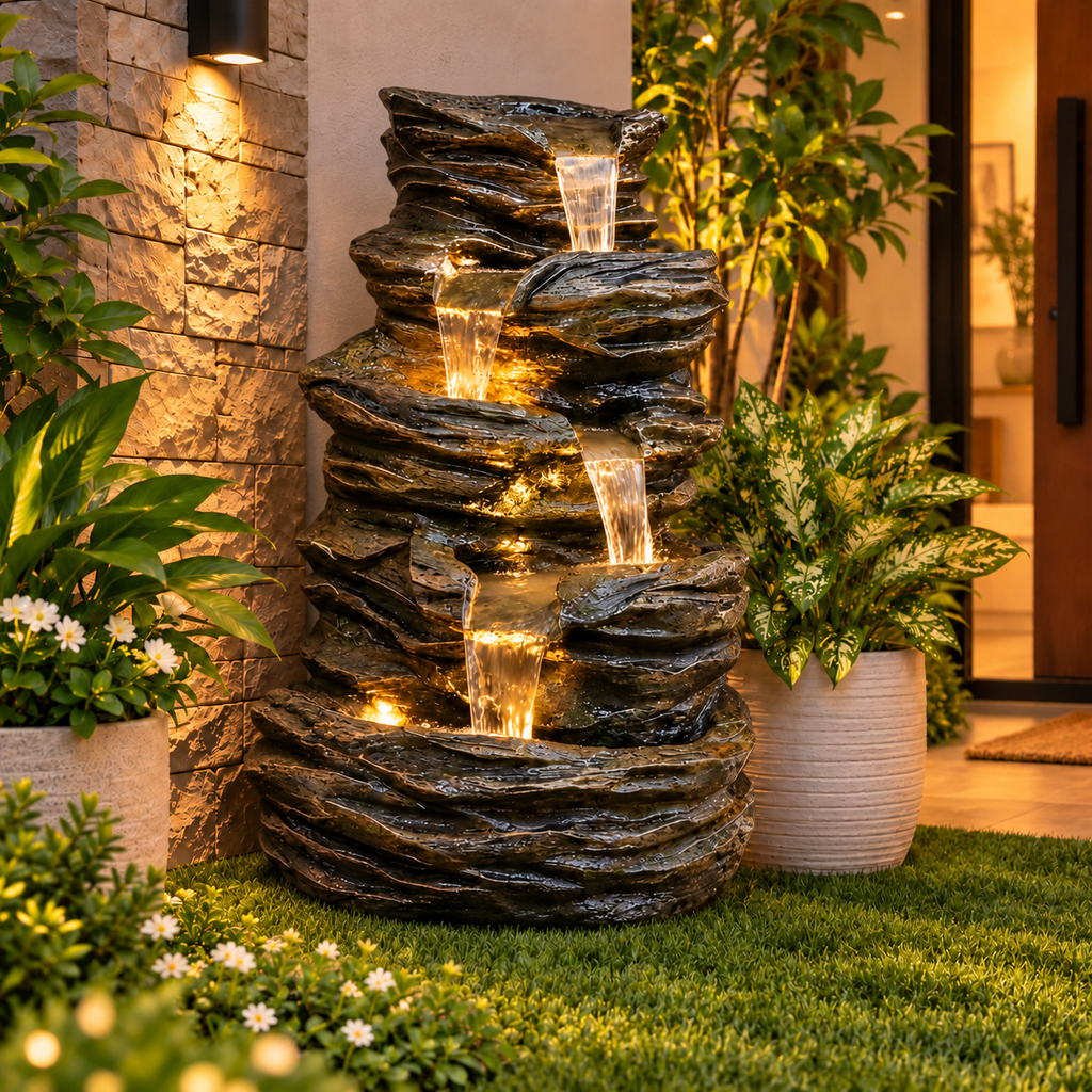 5 Tier Rock Water Fountain for Home & Covered Garden | EXPLEASIA