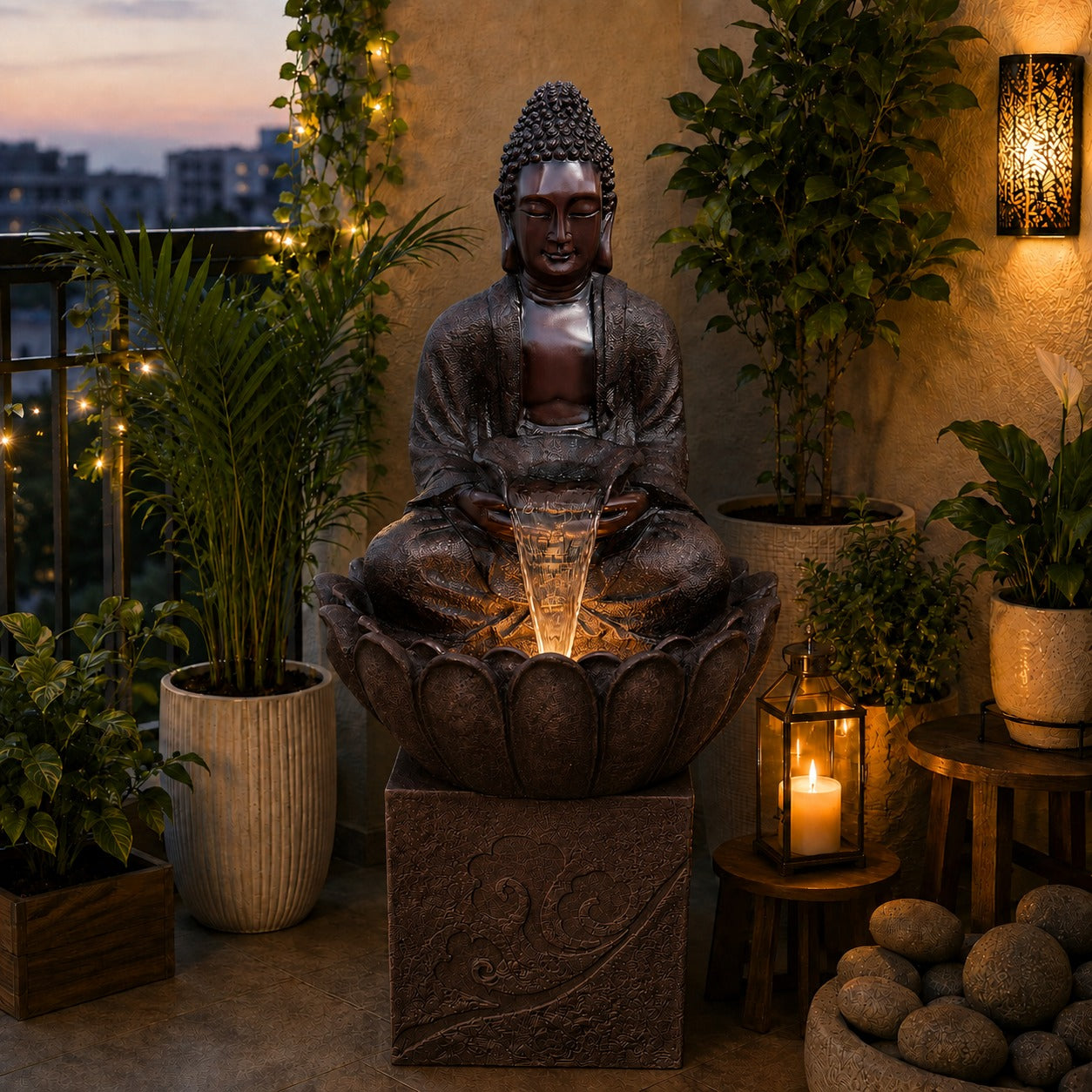 4.5 ft Buddha Lotus Water Fountain with 1.5ft Stand – 4.5ft Floor Standing Fountain for Home, Living Room & Garden