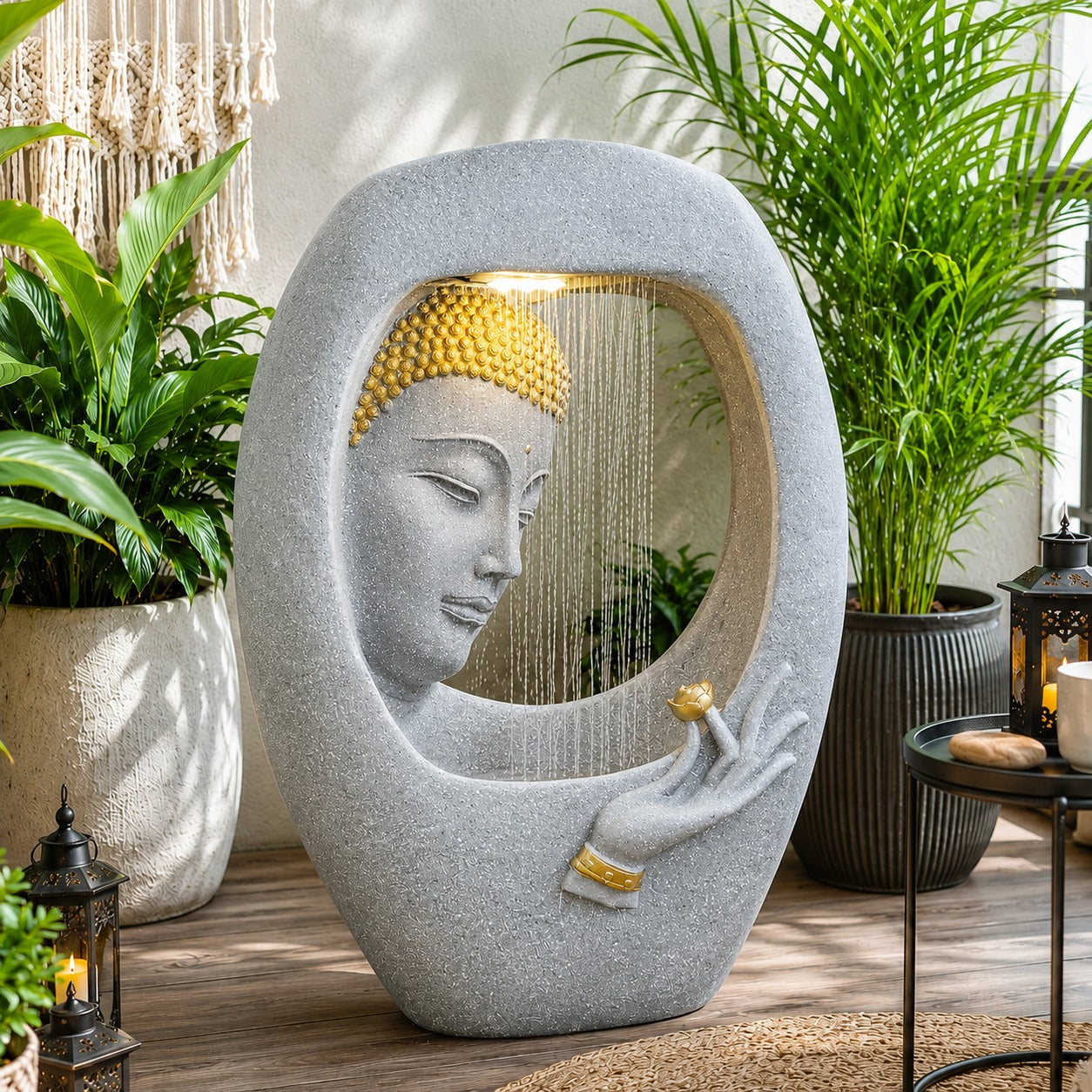 Buddha Face Shower Water Fountain – Light Grey (3ft)