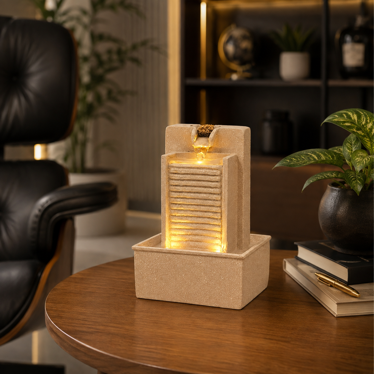 7 Inch Mini Tabletop Water Fountain with Warm LED Lights | Indoor Waterfall Fountain for Home