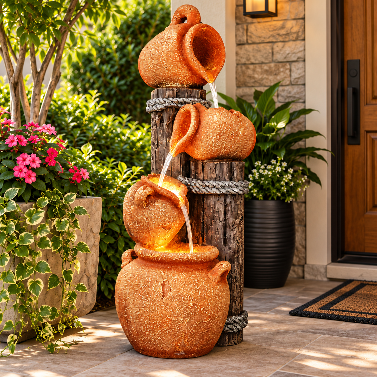 EXPLEASIA wood-look stacked earthen pot water fountain in Orange Brown finish