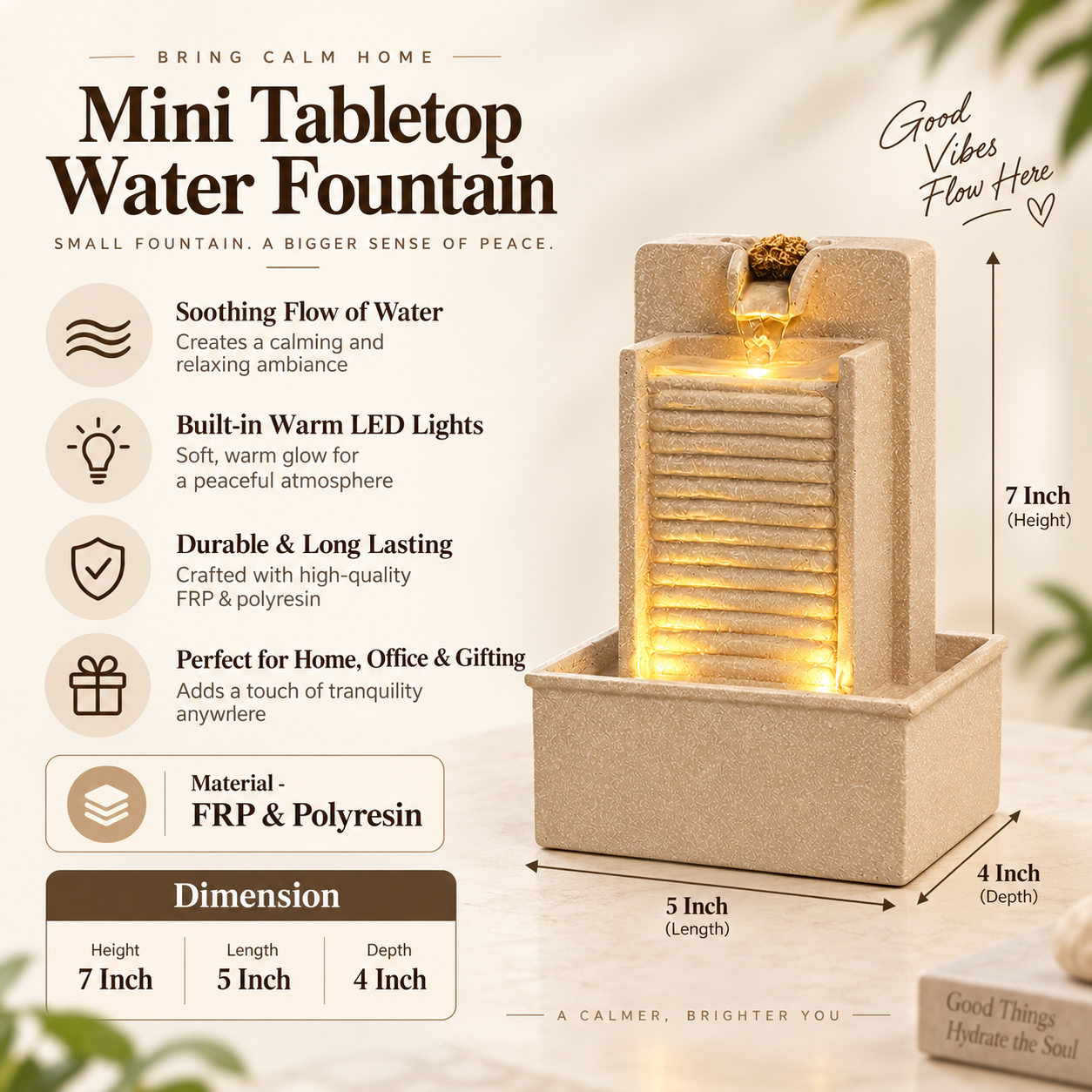 7 Inch Mini Tabletop Water Fountain with Warm LED Lights | Indoor Waterfall Fountain for Home