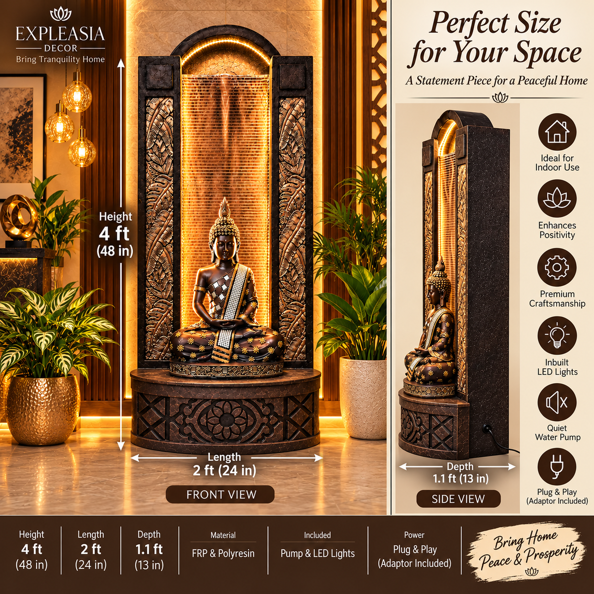 4ft Buddha Slate Water Fountain for Home | LED Lights | Indoor & Covered Outdoor Décor