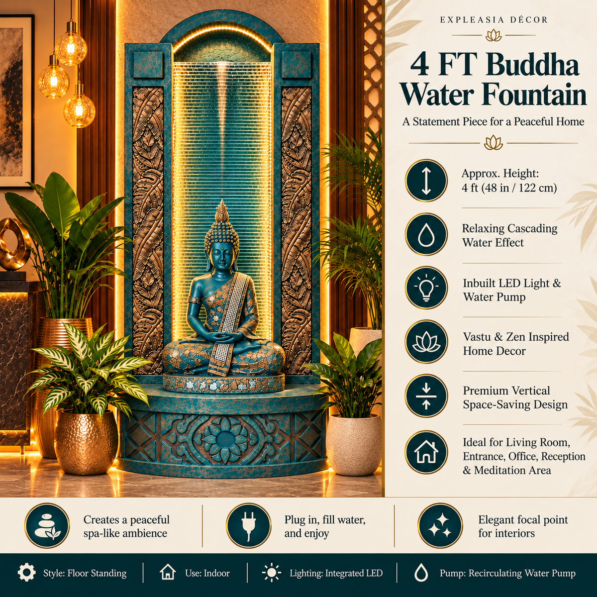 Slate Buddha Water Fountain - 4ft Aqua Gold for Home and Garden Enhancements