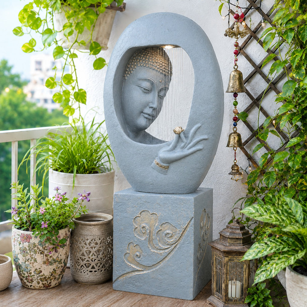 Buddha Face Shower Water Fountain with Stand - Light Grey 4ft for Tranquil Décor