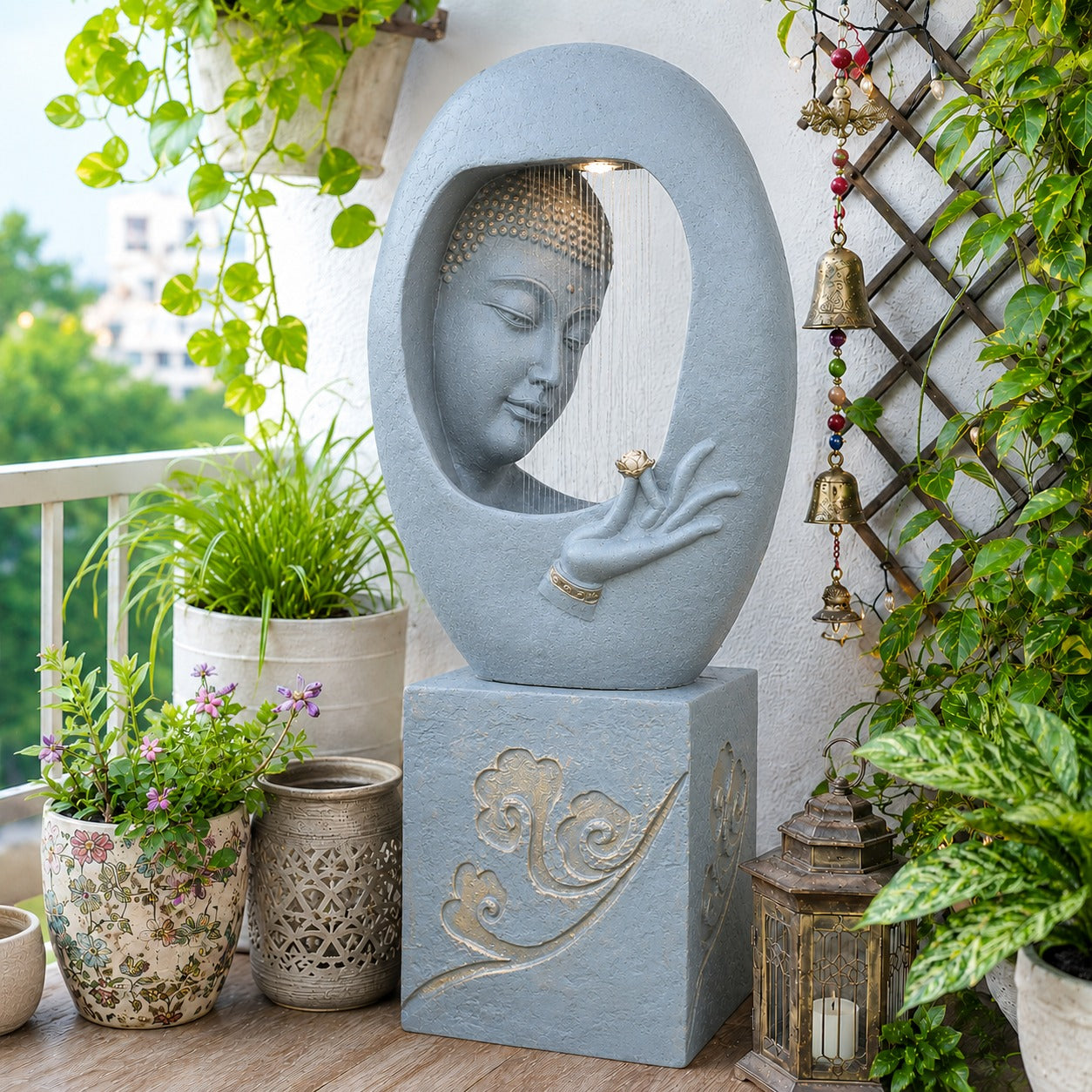 Buddha Face Shower Water Fountain with Stand - Light Grey 4ft for Tranquil Décor
