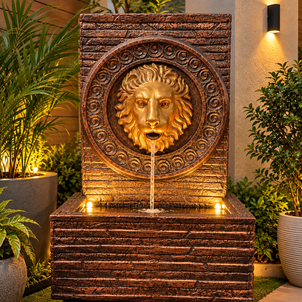 Imperial Lion Face Slate Water Fountain 3.3ft for Home | LED