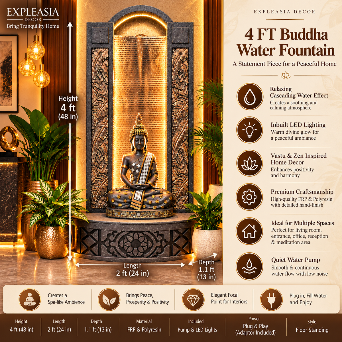 4ft Buddha Slate Water Fountain for Home | LED Lights | Indoor & Covered Outdoor Décor