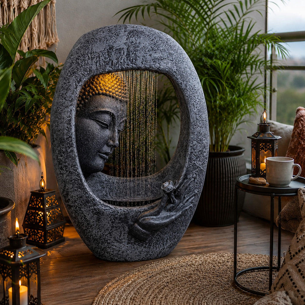 Buddha Face Shower Water Fountain – 3ft Dark Grey Shower Water Feature for Tranquil Spaces