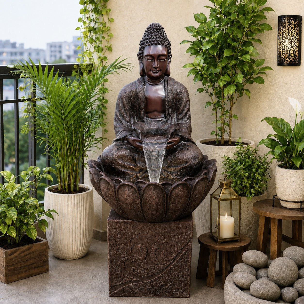 4.5 ft Buddha Lotus Water Fountain with 1.5ft Stand – 4.5ft Floor Standing Fountain for Home, Living Room & Garden