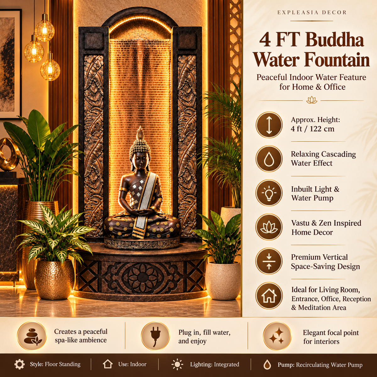 4ft Buddha Slate Water Fountain for Home | LED Lights | Indoor & Covered Outdoor Décor