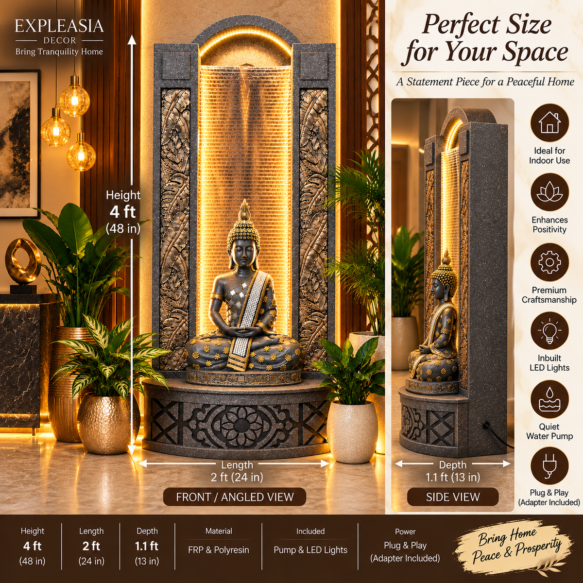 4ft Buddha Slate Water Fountain for Home | LED Lights | Indoor & Covered Outdoor Décor