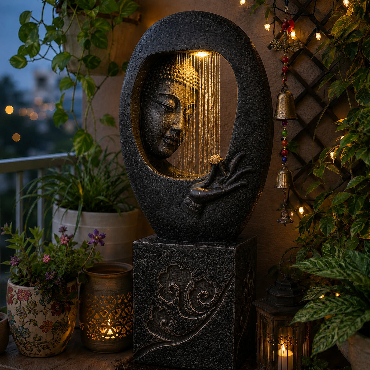 Buddha Face Shower Water Fountain with Stand - Black 4ft Elegant Garden Decor