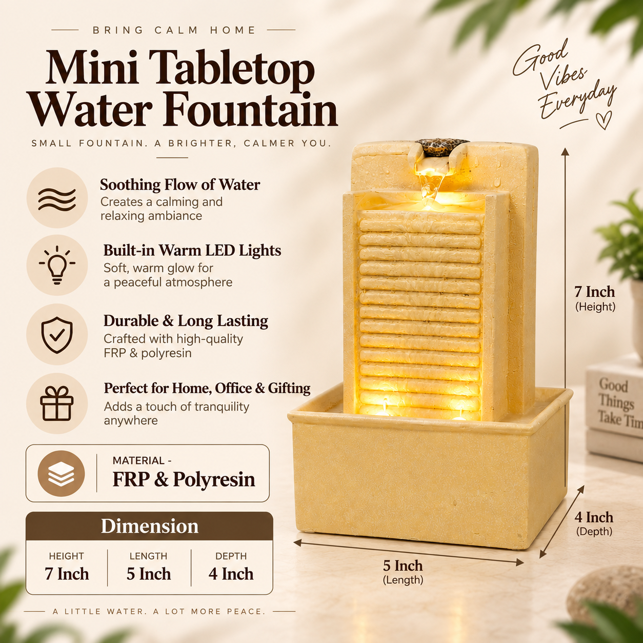 7 Inch Mini Tabletop Water Fountain with Warm LED Lights | Indoor Waterfall Fountain for Home