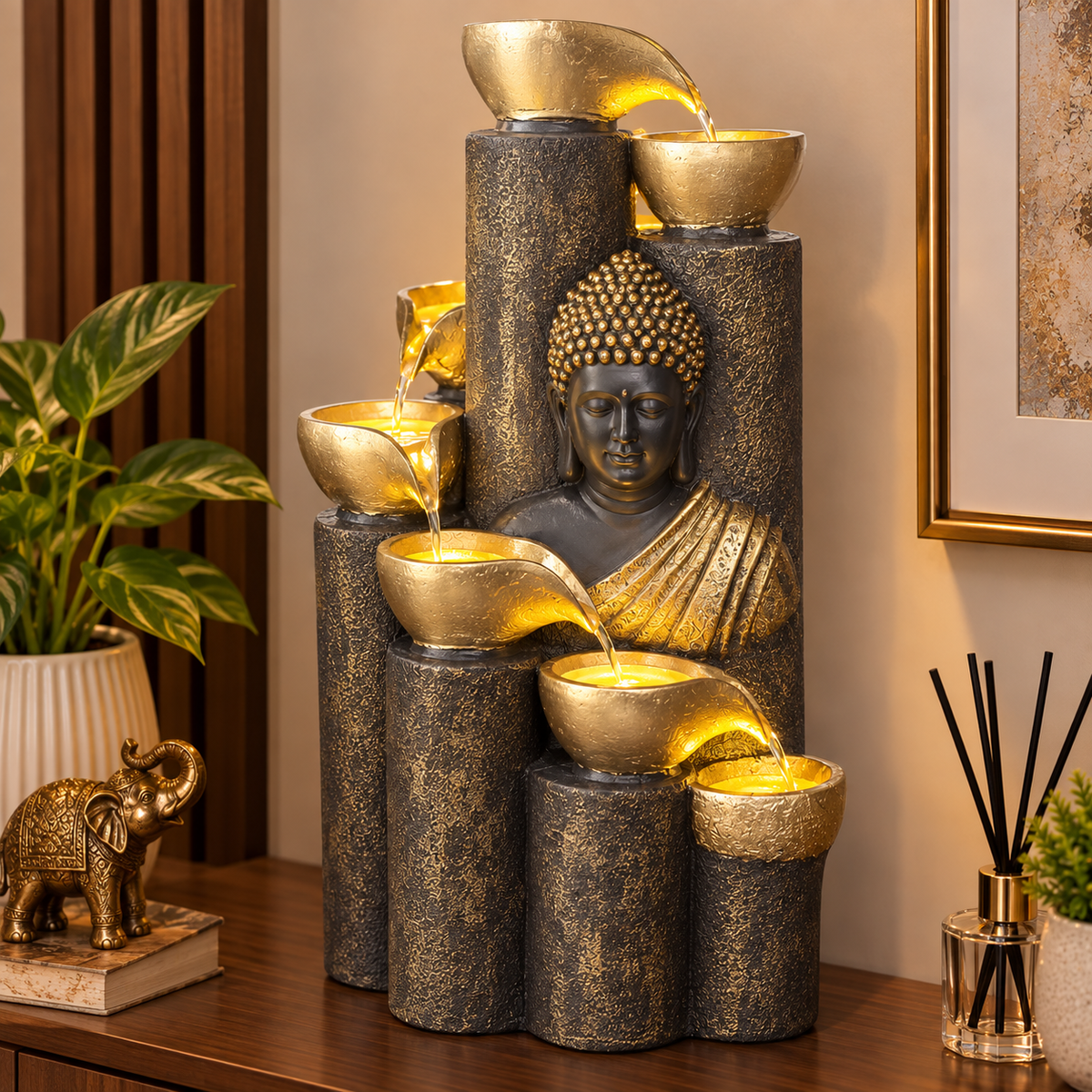 Bamboo Buddha Water Fountain – Elegant Décor for Home, Garden & Vastu