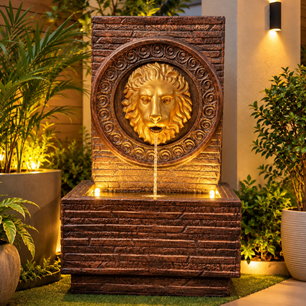 Imperial Lion Face Slate Water Fountain 3.3ft for Home | LED