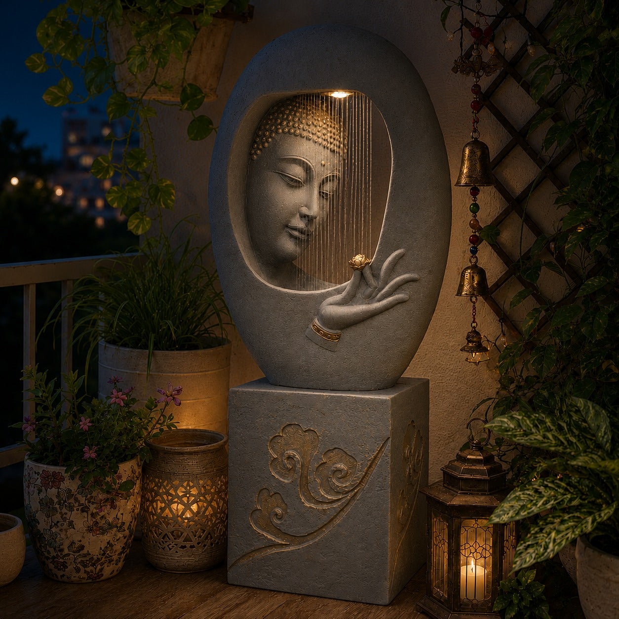 Buddha Face Shower Water Fountain with Stand - Light Grey 4ft for Tranquil Décor