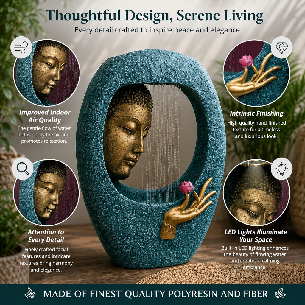 Buddha Face Shower Water Fountain – Blue Gold (3ft)