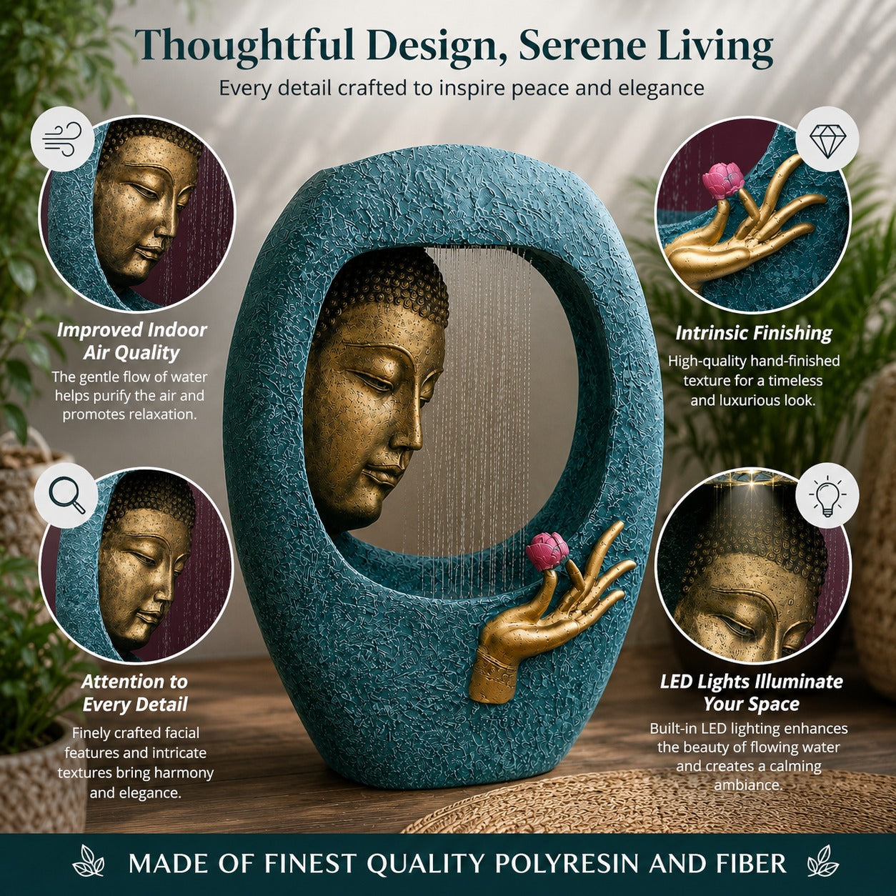Buddha Face Shower Water Fountain – Blue Gold (3ft)